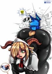 apps_(character) big_ass big_breasts blonde_hair bluewolfartista el_blue_(bluewolfartista) goat_girl goat_horns goat_tail green_eyes huge_ass huge_breasts massive_breasts nun nun's_habit nun_outfit pigeon sitting_on_person small_but_hung small_dom_big_sub wide_hips wolf wolf_ears wolf_tail