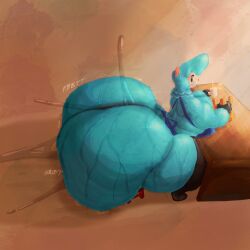 alpaca anal_fluids anal_squirt animal_crossing anthro apron apron_only ass big_butt blue_body bodily_fluids butt_focus camelid casual_nudity clothed clothing crafting cyrus_(animal_crossing) exposed_butt furniture hammer hi_res huge_butt hyper hyper_butt lumiink male mammal nintendo skimpy solo stool sweat sweaty_butt thick_thighs tools voluptuous_male