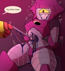 arms_behind_back bondage bound cat_ears catgirl chained cyclops degradation english_text freakyyto gameoverse glitch_productions heroine_on_villainess kit_(gameoverse) lezdom malice_(gameoverse) oil robot robot_girl sharp_teeth text wire_pulling wireplay wires yuri