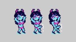 1boy 1nonbinary accurate_art_style accurate_body_type accurate_model accurate_proportions arms_behind_head bikini blush blushing_at_viewer crossdressing deltarune deltaswap femboy femboy_focus femboy_only heels high_heels horns_hairband kris_(deltarune) nonbinary panties panties_aside penis_out penis_out_of_underwear pink_bikini posing posing_for_the_viewer seductive seductive_look seductive_smile sprite sprite_art umbrashard