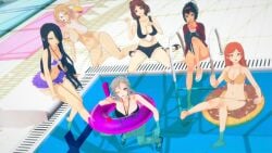 6+girls 6girls bikini bikini_bottom bikini_top black_hair blonde_hair blue_eyes brown_eyes brown_hair chiebukuro_setsuka danganronpa_another fanganronpa hair_over_one_eye hatano_ayame koikatsu koikatsu_(medium) maeda_yuki mask masked masked_female one_eye_closed orange_hair peace_sign peace_symbol ponytail pool pool_party poolside purple_eyes rule_63 sannoji_mikado super_danganronpa_another_2 swimsuit swimwear taira_akane tanned tanned_female tanned_skin yellow_eyes yomiuri_nikei