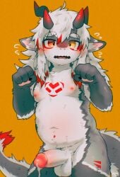 absurd_res anthro balls blush dragon fur furred_dragon furred_scalie genitals glans hi_res humanoid_genitalia humanoid_penis kemono male mythological_creature mythological_scalie mythology nude penis scalie simple_background solo tcho yellow_background