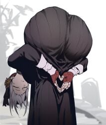 1girl ass ass_in_dress bent_over black_dress bloodborne closed_eyes fat_ass fingerless_gloves hat heart_hands huge_ass jotmanlol long_hair plain_doll praise_da_booty_(meme) solo thick_ass thick_thighs white_hair wide_hips