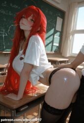 1boy ahoge ai_generated arlequin097 arm_support ass bangs bent_over black_panties blue_eyes blush breasts chalkboard classroom clothed_sex day desk doggy_style female from_side hair_between_eyes high_school_dxd huge_ahoge indoors large_breasts long_hair panties patreon_username penis red_hair rias_gremory saliva school_uniform sex sex_from_behind shirt short_sleeves smile solo_focus straight sweat thighhighs thighs tied_shirt underwear vaginal_penetration wet white_shirt window