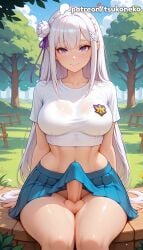 1futa 2026 ai_assisted ai_generated anime artist_name bangs bench braid breasts bush bust cock dick emilia emilia_(re:zero) explicit flower futanari hair_flower hair_ornament hi_res high_quality high_resolution highres long_hair nature outdoors park patreon patreon_username penis pleated_skirt pointy_ears purple_eyes re:zero_kara_hajimeru_isekai_seikatsu ribbon skirt smile stable_diffusion testicles tsukoneko watermark white_flower