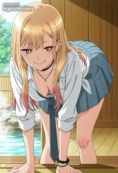 ai_generated anime anime_style artist_name barbell_piercing bead_bracelet beads bent_over black_choker blonde_hair blue_skirt bracelet breasts choker cleavage closed_mouth collared_shirt downblouse ear_piercing earrings female gradient_hair gyaru hentai hi_res jewelry kitagawa_marin long_hair looking_at_viewer marin marin_kitagawa medium_breasts multicolored_hair my_dress_up_darling mystic_maidens necklace necktie patreon patreon_username piercing plaid plaid_skirt pleated_skirt red_eyes ring school_uniform shirt skirt sleeves_rolled_up smile solo sono_bisque_doll_wa_koi_wo_suru tied_shirt white_shirt