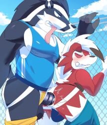 anal angry angry_sex anthro ass backsack balls blush bulge chain_link clothing clothing_aside duo erection eroinu27 fence generation_7_pokemon generation_8_pokemon genitals hi_res jockstrap jockstrap_aside lycanroc male male/male male_penetrated male_penetrating male_penetrating_male nintendo obstagoon penetration penis pokemon pokemon_(species) sex shirt tank_top topwear underwear underwear_aside