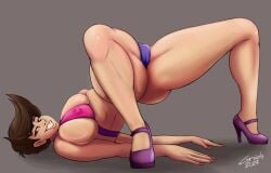 big_breasts brown_hair female flexible gwizzly high_heels looking_at_viewer oc original pussy_visible_through_clothes sling_bikini solo_female tagme thick_thighs