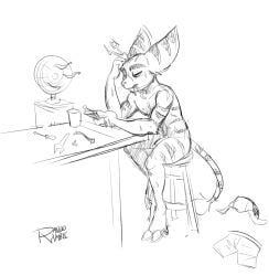 anthro aviator_cap barely_visible_genitalia barely_visible_penis bodily_fluids bottomwear casual_nudity chair clothing device discarded_clothing electric_fan fan_(object) furniture genitals hi_res lombax male mammal markings nude on_chair penis randoramble ratchet_(ratchet_and_clank) ratchet_and_clank screwdriver shorts sitting sitting_on_chair sitting_on_stool solo sony_corporation sony_interactive_entertainment stool striped_body striped_markings striped_tail stripes sweat tail tail_markings tail_tuft tool_in_mouth tools tuft wrench