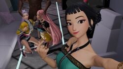 1boy 3girls black_body black_cock black_male blowjob camera camera_view cock fortnite fortnite:_battle_royale holding_balls holding_head holding_nut holding_penis holding_testicles kpop_demon_hunters looking_at_penis looking_at_viewer mira_(kpop_demon_hunters) rumi_(kpop_demon_hunters) smile smiley_face smiling smiling_at_viewer sucking_penis white_body zoey_(kpop_demon_hunters)