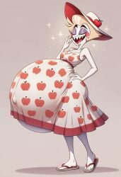 ai-assisted ai-generated ai_generated clothed dress hat hazbin_hotel hellaverse hyper_pregnancy laughing lucifer_morningstar_(hazbin_hotel) male not_furry official_art on_model pregnant pregnant_male simple_background sleeveless slim solo