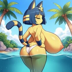 ai_generated animal_crossing ankha ass blue_hair cat_ears cat_tail closed_eyes egyptian feline female furry hands_on_hips hyper_breasts lake nintendo nipples palm_tree sagging_breasts short_hair solo standing standing_in_water topless tropical two_tone_tail white_thong yasuhikonsfw yellow_fur