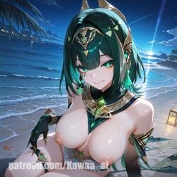 1female 1girls ai_generated beach breasts female genshin_impact green_eyes green_hair hair_ornament kawaa_ai looking_at_viewer medium_breasts nefer_(genshin_impact) night nipples outdoors posing_for_the_viewer semi_nude sensual short_hair sitting solo touching_self
