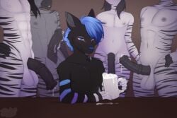 animal_genitalia animal_penis asusya balls black_body black_fur blue_eyes blue_hair bodily_fluids canid canine canis claws container cum cum_on_drink cup deamonium_black_okami equid equine equine_genitalia equine_penis femboy fur genital_fluids genitals glass glass_container glass_cup group hair hi_res male male/male mammal penis smile stripes tattoo white_body wolf zebra