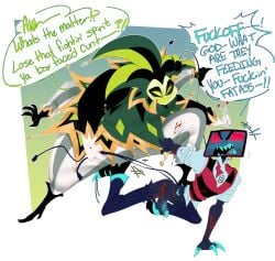 2boys balls ballsack big_dom_small_sub big_penis bileshroom blood_stain cock crossover fight fighting hazbin_hotel helluva_boss male male/male male_only mammon_(helluva_boss) penis penis_out ripped_clothing ripped_pants size_difference size_play testicles toxic_yaoi vox_(hazbin_hotel) yaoi