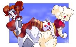 2d_(artwork) 2girls animatronic animatronic_female artist_signature ass ass_bigger_than_head ass_bigger_than_torso ass_focus big_ass big_breasts big_butt big_thighs blue_eyes blush blush_lines breasts butt_focus butt_squish chubby chubby_female circus_baby circus_baby_(fnaf) clown clown_costume clown_girl clown_makeup clown_nose embarrassed embarrassed_female fat_ass female female_focus female_only five_nights_at_freddy's five_nights_at_freddy's:_sister_location hamb0ne jin_(bigbeefboober) lipstick massive_ass musk musk_clouds oc orange_hair original_character panties polka_dot polka_dot_panties skirt squish squished_ass squishy squishy_butt striped_panties sweat sweatdrop sweating sweaty sweaty_ass sweaty_body sweaty_butt text thick_thighs thighs