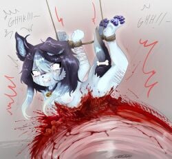 absurd_res alternative_fashion anthro bdsm blood bodily_fluids bondage bound breasts canid canine canis constricted_pupils crying cutting domestic_dog dying emo english_text execution fatal fatal_wound feet female forced gesture gore gorebunny guts hand_gesture hands_behind_back hands_tied hands_tied_behind_back hi_res hogtied imminent_death intestines killing makeup mammal mascara middle_finger organs pawpads pupils restraints rope rope_bondage running_makeup running_mascara ryona satiko_(gorebunny) saw sawing scar self-harm_scars small_breasts small_pupils soles solo suffering suspension tears text tools