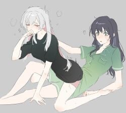 2girls ? ?? absurdres barefoot black_dress cho_kaguya-hime! closed_eyes commentary covering_own_mouth dress green_eyes green_pajamas green_shirt green_shorts grey_background grey_hair grinding highres long_hair multiple_girls nishiyos pajamas runami_yachiyo sakayori_iroha shirt shorts yuri
