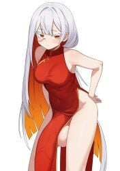 absurdres bare_arms breasts china_dress chinese_clothes closed_mouth colored_inner_hair covered_navel covered_penis cowboy_shot dress female futanari highres huge_cock huge_testicles large_breasts long_hair looking_at_viewer mikoscrub monocle multicolored_hair orange_hair pelvic_curtain penis prism_virtual red_dress second-party_source simple_background sleeveless sleeveless_dress solo testicles very_long_hair white_background white_hair yellow_eyes zalozz