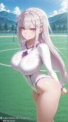 1girls ai_generated bare_legs big_breasts breasts curvy curvy_body curvy_female dreamyan_ai elf elf_ears elf_female elf_girl emilia_(re:zero) female female_focus female_only hi_res high_quality high_resolution highres huge_breasts large_breasts leotard long_hair looking_at_viewer outdoors pointy_ears purple_eyes re:zero_kara_hajimeru_isekai_seikatsu seductive seductive_eyes seductive_look seductive_mouth seductive_pose seductive_smile smile smiling solo solo_female solo_focus thick_ass thick_thighs thighs uncensored white_hair
