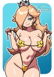 big_breasts bikini blonde_hair blush crown curvy_figure female hair_over_one_eye iamsyntara long_hair looking_at_viewer princess_rosalina pulling_clothing rosalina sexy_female simple_background simple_coloring simple_shading smile stars syntara the_super_mario_galaxy_movie wide_hips