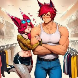 1boy 1girls ai ai_assisted ai_generated animal_ears begging cheetah_print crop_top fishnets fit fit_female fit_male glasses hesitant high_heels jeans league_of_legends miniskirt pink_hair pouting pouting_lips prussia123 sett sexy_body sexy_clothing sexy_female shopping_mall tank_top teasing vastaya xayah
