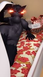 3d abs animal_ears black_body black_fur black_hair black_sclera blender breasts canine_humanoid chocolate choker female fire_eyes hellhound hellhound_(monster_girl_encyclopedia) in_bed lifting_covers looking_at_viewer monster_girl navel nude pussy red_eyes tail text valentine's_day