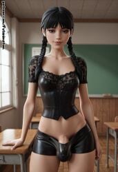 ai_generated black_eyes black_hair erection futa_only futanari futanari_only futanimation highres large_penis netflix nude_futa wednesday wednesday_addams