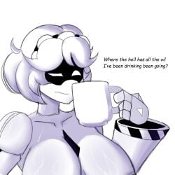 balljob coffee comic futa_only futanari hand_on_hip hyper_balls hyper_penis mecatiuh murder_drones oiled precum precum_drip robot_girl text v_(murder_drones) white_body