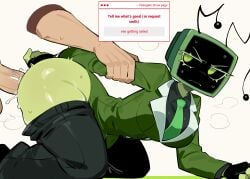 1boy 1girls absurd_res ai_generated all_fours annoyed antennae ass bent_over black_gloves black_pants blazer breasts colored_skin dandy's_world dandys_world disembodied_arm disembodied_hand disembodied_penis doggystyle_position duo falsegate fingerless_gloves from_side gloves green_blazer green_skin green_suit green_tie highres large_ass large_breasts looking_back pants pants_down roblox self_upload stable_diffusion straight strawpage strawpage_requst suit television television_head thick_thighs tie vee_(dandy's_world)