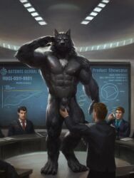 abs animal_genitalia anthro areola ball_fondling balls biceps biped bodily_fluids canid canine canine_genitalia canis casual_nudity chair clothed clothing container cum cum_in_container digital_media_(artwork) electronics english_text feet fingers fondling fur furniture genital_fluids genitals gesture group hair hand_on_balls hi_res holding_container holding_object human human_on_anthro inside interspecies laboratory_equipment laboratory_glassware larger_anthro male male/male mammal meeting_room muscular muscular_anthro muscular_male mythological_canine mythological_creature mythology navel necktie nipples nude orcfun pecs salute scientific_instrument screen sheath sitting size_difference smaller_human standing suit tail test_tube text toes topwear werecanid werecanine werecreature werewolf wolf