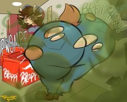 antlers ass big_butt bottomwear brown_body brown_fur brown_hair clothing deer delivery_(commerce) delivery_employee denim denim_bottomwear denim_clothing detailed_background duo fart fart_cloud fart_fetish farting_on_another fur gasp hair hi_res horn huge_butt hyper hyper_butt hyper_fart jeans looking_back male mammal onomatopoeia pants presenting presenting_hindquarters red_eyes short_tail smile sound_effects tail teasyrat text