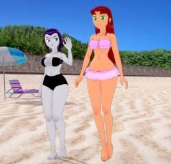 3d 3d_(artwork) adult aged_up bikini black_bikini dc dc_comics embarrassed_nude_female enf firstbourne1111 impending_nudity karma koikatsu orange_skin part_1 pink_bikini purple_hair raven_(dc) red_gem revenge starfire teen teen_titans toonami unaware