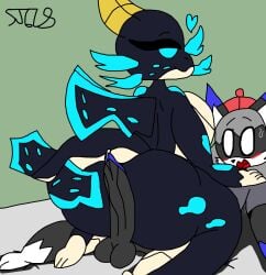 1boy 1girls 2026 artist_name artist_signature bedroom_eyes bedroom_sex big_breasts blue_eyes breasts creature dark_grey_body dark_grey_fur digital_drawing_(artwork) digital_media_(artwork) duo female_on_top furry heart hi_res huge_ass huge_breasts huge_butt huge_cock jack_(springtron) jack_(superja678) lego long_tail male_on_bottom ninjago oc original_character red_hat red_headwear sea_creature sea_monster shocked shocked_expression shocked_eyes smiling springtron sweatdrop thick_thighs two-tone_body two-tone_fur two-tone_skin wojira_(ninjago)