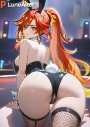 1girls ai_generated alternate_costume ass ass_focus big_ass big_breasts big_butt big_thighs breasts bunny_ears bunny_girl bunny_tail bunnysuit female female_focus female_only fishnet_legwear genshin_impact hoyoverse light-skinned_female looking_at_viewer looking_back lunealter mature mature_female mavuika_(genshin_impact) mihoyo on_all_fours pale-skinned_female pale_skin ponytail red_eyes red_hair sfw solo thick_ass thick_butt thick_legs thick_thighs