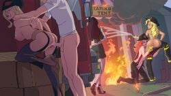 1boy 4girls ass booty_farm breasts candi_(booty_farm) cowgirl_outfit female fingering fingering_pussy fire firefighter firefighter_uniform game_cg male mindy_(booty_farm) multiple_girls nipples nutaku penis pussy riley_(booty_farm) sex tagme talia_(booty_farm) tender_troupe thong