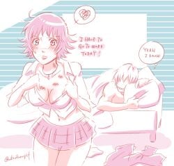 1boy 1girls after_sex bed black_hair blue_eyes blush breasts capcom cleavage clothed clothed_female clothes_on_floor covered_in_hickeys dante_(devil_may_cry) devil_may_cry devil_may_cry_3 dialogue english english_text exposed_midriff exposed_torso female frustrated frustration_cloud getting_dressed hair_over_eyes heterochromia hickey hickey_marks hickeys_on_neck implied_nudity implied_sex lady_(devil_may_cry) male miniskirt morning_after noteofnaught red_eyes scar scar_on_face short_hair skirt smug smug_face smug_grin teasing white_hair