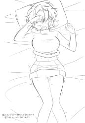 absurdres blush breasts clothes_lift commentary_request covering_own_eyes drooling ear_blush female greyscale hand_over_eye head_on_pillow highres ishimochi_(daleka333) long_sleeves love_live! love_live!_nijigasaki_high_school_idol_club lying medium_breasts mia_taylor midriff_peek monochrome mouth_drool on_back open_mouth pencil_skirt pillow pussy_juice skirt skirt_lift solo sweat translation_request trembling turtleneck