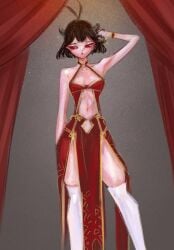 1girls black_clover black_hair chinese_clothes chinese_dress cleavage cleavage_cutout cleavage_dress cleavage_window cute cute_face elegant flat_chest flat_chested gorgeous horns painting_(artwork) petite petite_body petite_breasts red_dress red_eyes secre_swallowtail sketch sleek_features slender_body thigh_gap thighhighs thighs white_legwear