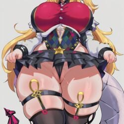 1girls ai_generated black_legwear black_leotard black_thighhighs blonde_hair cissia_(zenless_zone_zero) cleavage curvy exposed_shoulders female_only hand_on_breast hand_on_hip hoyoverse hydra_ai large_breasts large_thighs leotard long_sleeves mihoyo miniskirt nipple_bulge red_eyes shiny_clothes shiny_skin skindentation skirt skirt_lift skirt_lifted_by_self smirk snake snake_tail solo thick_thighs thighhighs white_background wide_hips wide_thighs wink winking_at_viewer zenless_zone_zero