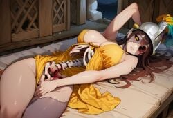 1girls adelheid_(paigen) ai_generated arm_up armor armored_female armpit black_sclera bleeding blood breasts brown_hair clothed clothing covering_crotch female gore helmet hollow_eyes horror horror_(theme) large_breasts lingerie long_hair looking_at_viewer missing_eye monster_girl necrophilia negligee nightgown original original_character paigen patchwork_skin plume ribs spine undead underwear yellow_eyes zombie zombie_girl