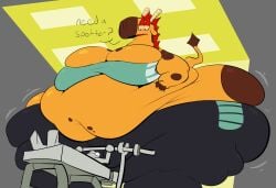 ambiguous_gender anthro anthro_female bench bench_press big_ass big_breasts bubble_ass bubble_butt character_request cleavage eyes_popping_out female giraffe giraffe_girl grey_body hands_on_belly height_difference huge_breasts long_neck neetbean open_mouth orange_body ossicone question_mark red_eyebrows red_hair size_difference sports_bra sports_shorts spotted_body spotted_fur sweat sweating sweaty_face talking_to_another text thick_thighs wide_hips