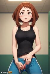 1girls ai_generated bare_arms bare_shoulders black_shirt black_tank_top blue_pants blush blush_stickers boku_no_hero_academia breasts brown_eyes brown_hair cleavage clitoris clothing_aside collarbone cowboy_shot female hi_res indoors large_breasts looking_at_viewer medium_breasts my_hero_academia ochako_uraraka open_mouth pants parted_lips patreon_logo pussy rule34lab shirt short_hair solo spread_pussy tank_top uncensored uraraka_ochako
