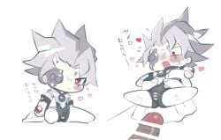 chibi chibi_style cuntboy grey_hair japanese_text male male/male penis placido red_eyes scar_across_eye white_clothing yaoi yu-gi-oh! yugioh_5ds