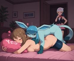 ai_generated ambiguous_penetration animal_genitalia animal_penis ass bed bedroom being_watched bite blue_body blue_eyes blue_hair blush bodily_fluids bottomwear bottomwear_down breasts brown_hair canine_genitalia canine_penis caught closed_eyes clothed clothing door duo_focus eeveelution female female_human female_on_feral female_penetrated feral feral_penetrating feral_penetrating_female feral_penetrating_human from_behind_position furniture generation_4_pokemon genitals glaceon glistening glistening_body group hair hat headgear headwear heart hi_res human human_on_feral human_penetrated inside interspecies knot looking_at_another looking_pleasured lying male male/female male_on_human male_penetrating male_penetrating_female mammal medium_breasts motion_lines mounting nintendo nude on_bed on_front open_mouth pants partially_clothed penetration penile penile_penetration penis pillow pillow_bite plant pokemon pokemon_(species) pokephilia saliva sex shorts shorts_down tail text tongue tongue_out topless trio voyeurism walk-in zoophilia