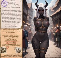 ai_generated anime big_breasts black_skin bondage bounty_hunters dark_elf demon ebony edited expedition fantasy female fictional glowing_eyes horns market naked nude orange_eyes photoshop roleplay ropes slave slavegirl slavery tattoos waifu white_hair
