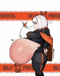 1girls big_belly big_breasts bloated_belly clothed clothing erundadraws female female_only heavily_pregnant library_of_ruina lobotomy_corporation myo_(lobotomy_corporation) pregnant pregnant_with_multiples project_moon quadruplets ready_to_pop red_eyes short_hair uncomfortable veiny_belly wardrobe_malfunction white_hair