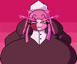 big_breasts breasts_focus clothed clothing flow1nriver fnf:_angelic_rhythms friday_night_funkin hourglass_figure hourglass_figured_female huge_breasts large_breasts long_hair looking_at_viewer massive_breasts nun nun_hat nun_outfit pink_body pink_hair pixel_art sarvente_(dokki.doodlez) smug smug_face smug_grin smug_smile white_eyes