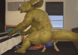 after_orgasm almost_fully_inside anal anal_sex anal_vore animal_genitalia animal_penis anthro anthro_penetrated anthro_pred anus ass balls bed bedroom bodily_fluids closed_eyes cum cum_string digital_media_(artwork) dildo dildo_in_ass dildo_insertion dildo_sitting dinosaur duo erection feet furniture genital_fluids genital_slit genitals hi_res holding_dildo holding_object holding_sex_toy horn human human_on_anthro human_prey humanoid_genitalia humanoid_penis inside interspecies knot knotted_penis larger_anthro looking_back male male_penetrated mammal nude object_in_ass open_mouth orcfun penetration penis pillow prehistoric_species reptile scalie sex_toy sex_toy_in_ass sex_toy_insertion sitting size_difference slit_penis smaller_human stretched_anus tail toes vore