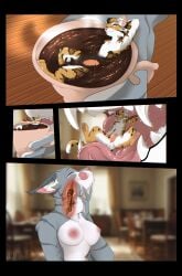 absurd_res anthro balls breasts claws comic container cup digital_media_(artwork) domestic_cat drinking dual felid feline felis female fur genitals hair happy hi_res licking licking_lips male mammal nipples on_tongue pantherine penis pink_nose presenting presenting_balls presenting_penis shyryp smile spread_legs spreading tail teeth tongue tongue_out vore x-ray_view